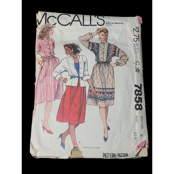 Vtg #7858 McCalls SEWING Pattern Miss 1980s Buttoned Top Standing Collar Zize 8 - Picture 1 of 6